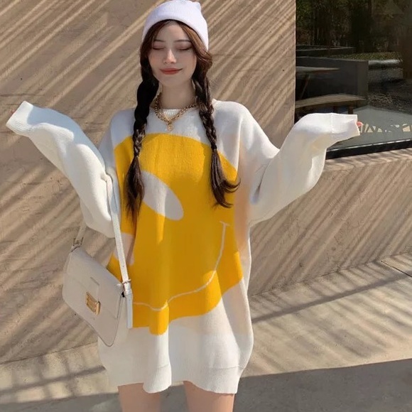 Feel Good Knit Colorful Smiley Face Loose Pullover Sweater